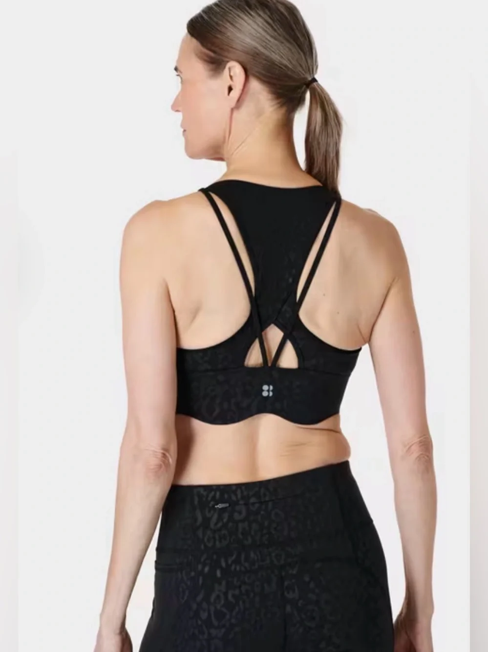 Sweaty Betty Power Plunge Sports Bra Black Leopard Medium Impact Medium
